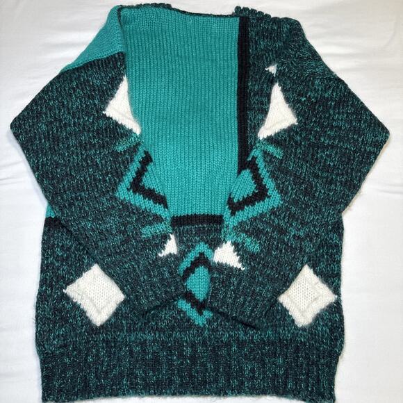 Vtg Susann D Sweater M Teal Ivory Geo Abstract Chunky Knit Wool Angora Blend EUC - Picture 12 of 13